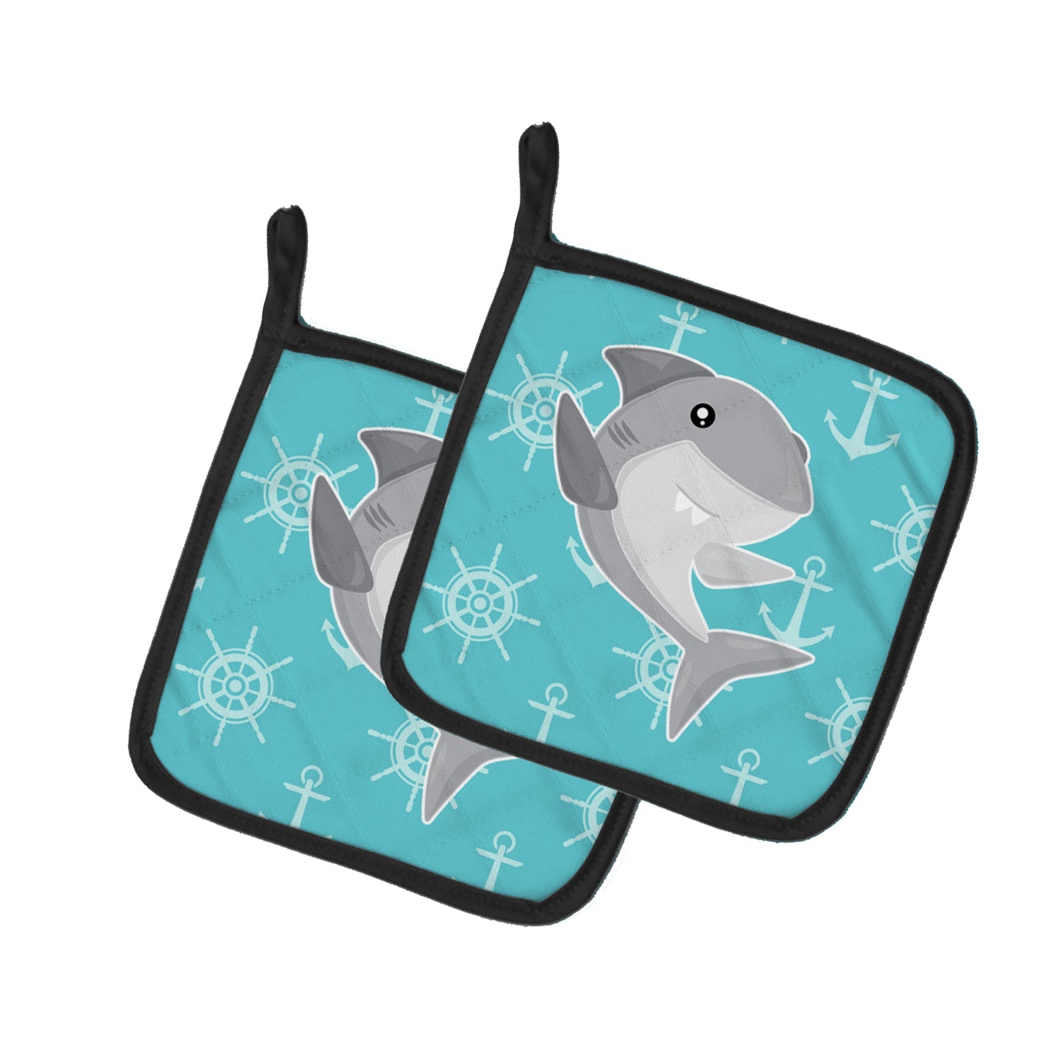 Shark on Blue Nautical Pot Holder Set of 2 Heat Resistant Quilted Hot Pads 7.5 x 7.5 Inch, Insulated Kitchen Trivets for Cooking & Baking