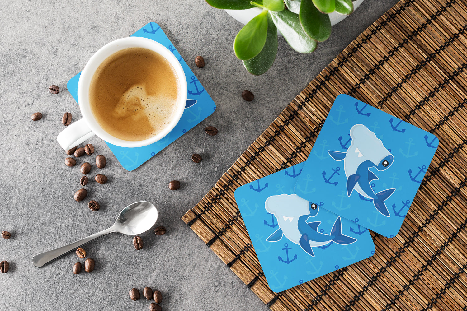 Hammerhead Shark on Anchors Foam Coasters Set of 4 Cup Coasters for Indoor Outdoor, Tabletop Protection, Anti Slip, Mouse pad Material