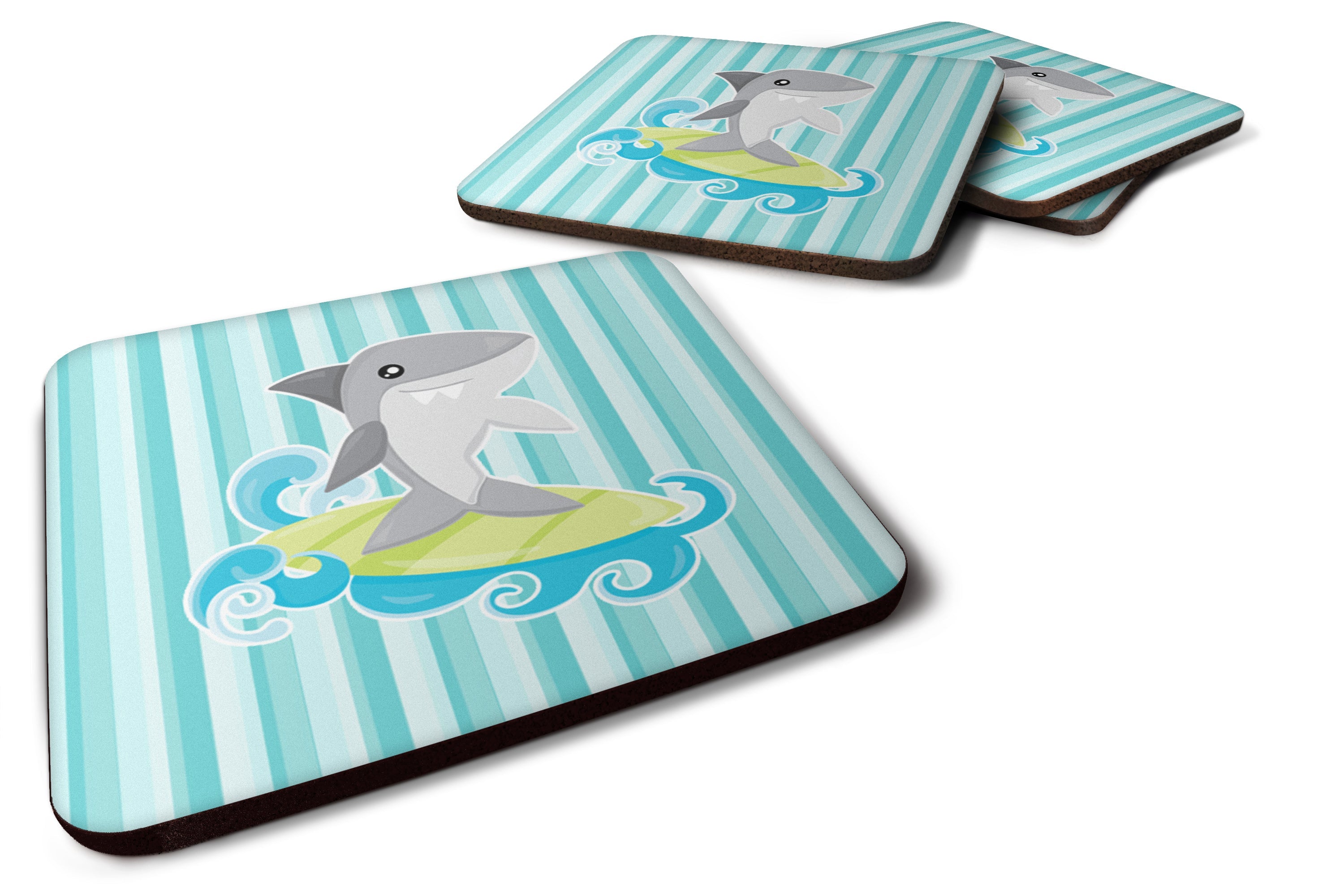 Surfin Shark on Stripes Foam Coasters Set of 4 Cup Coasters for Indoor Outdoor, Tabletop Protection, Anti Slip, Mouse pad Material