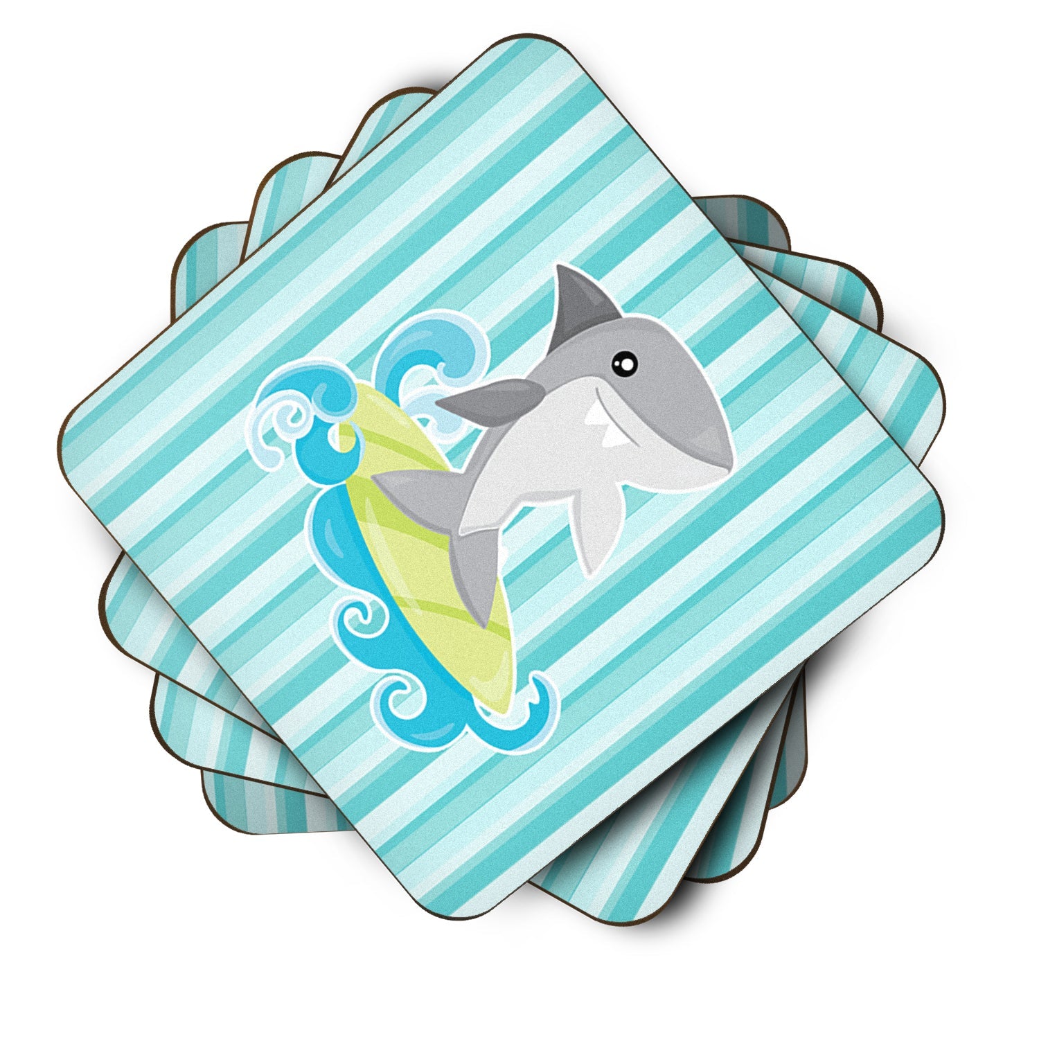 Surfin Shark on Stripes Foam Coasters Set of 4 Cup Coasters for Indoor Outdoor, Tabletop Protection, Anti Slip, Mouse pad Material