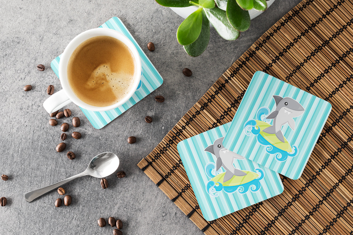 Surfin Shark on Stripes Foam Coasters Set of 4 Cup Coasters for Indoor Outdoor, Tabletop Protection, Anti Slip, Mouse pad Material