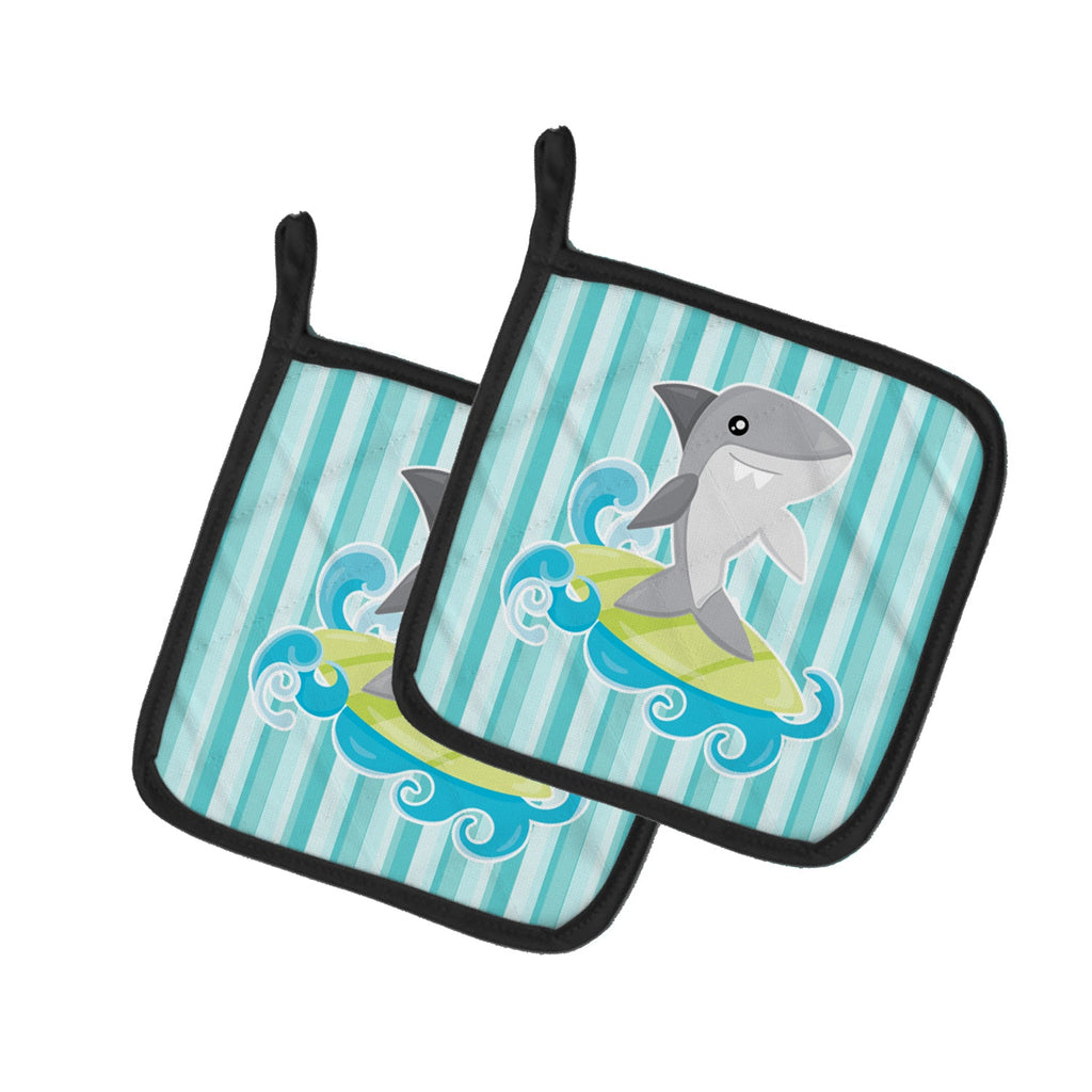 Surfin Shark on Stripes Pot Holder Set of 2 Heat Resistant Quilted Hot Pads 7.5 x 7.5 Inch, Insulated Kitchen Trivets for Cooking & Baking