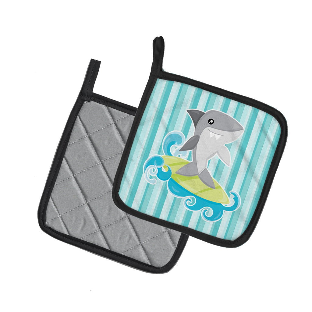 Surfin Shark on Stripes Pot Holder Set of 2 Heat Resistant Quilted Hot Pads 7.5 x 7.5 Inch, Insulated Kitchen Trivets for Cooking & Baking