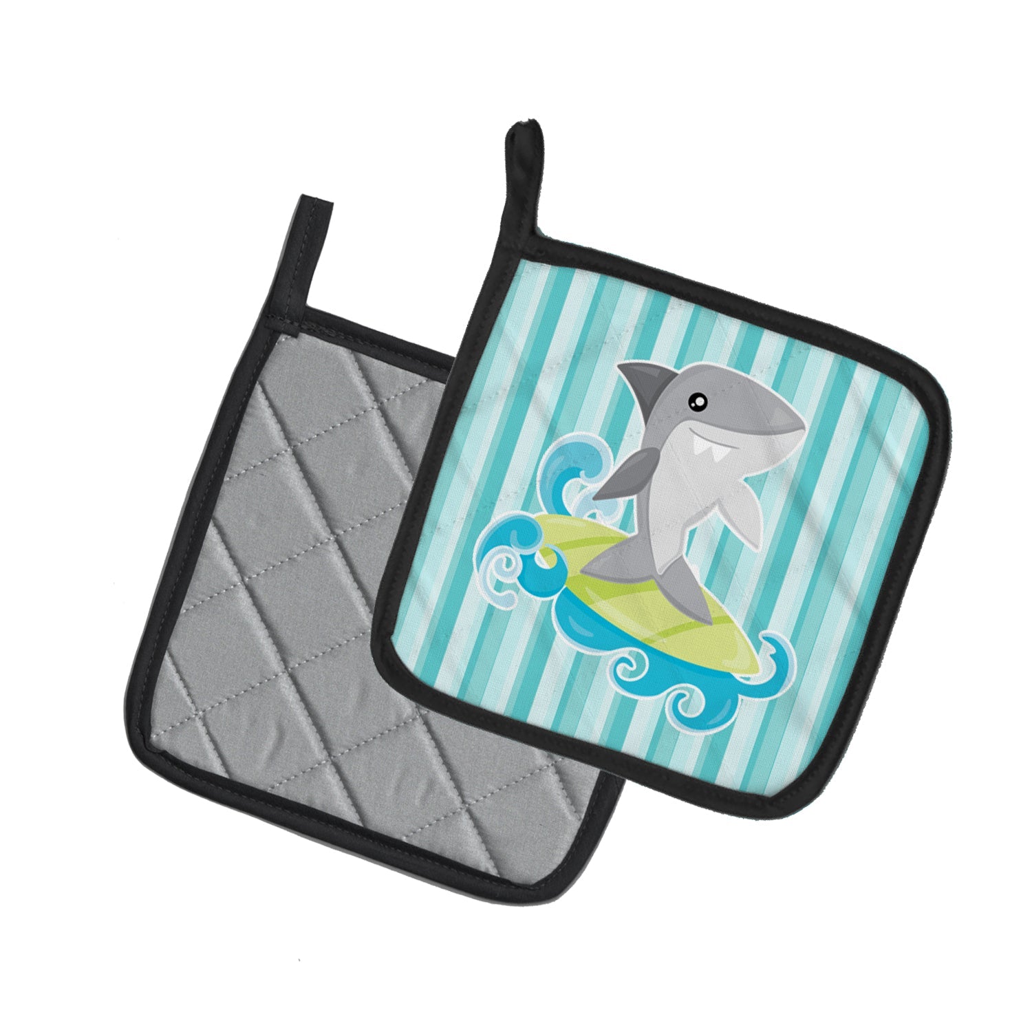 Surfin Shark on Stripes Pot Holder Set of 2 Heat Resistant Quilted Hot Pads 7.5 x 7.5 Inch, Insulated Kitchen Trivets for Cooking & Baking