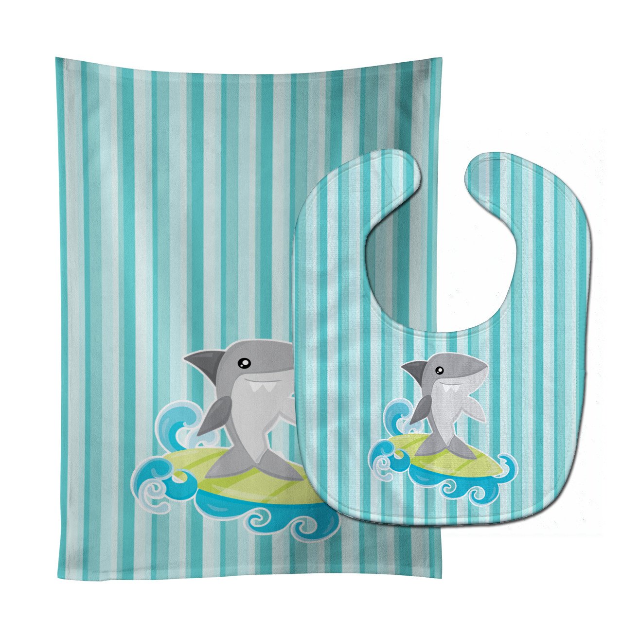 Surfin Shark on Stripes Baby Bib & Burp Cloth Easy-Clean Baby Bib Baby Feeding Accessory Baby Mealtime Essential