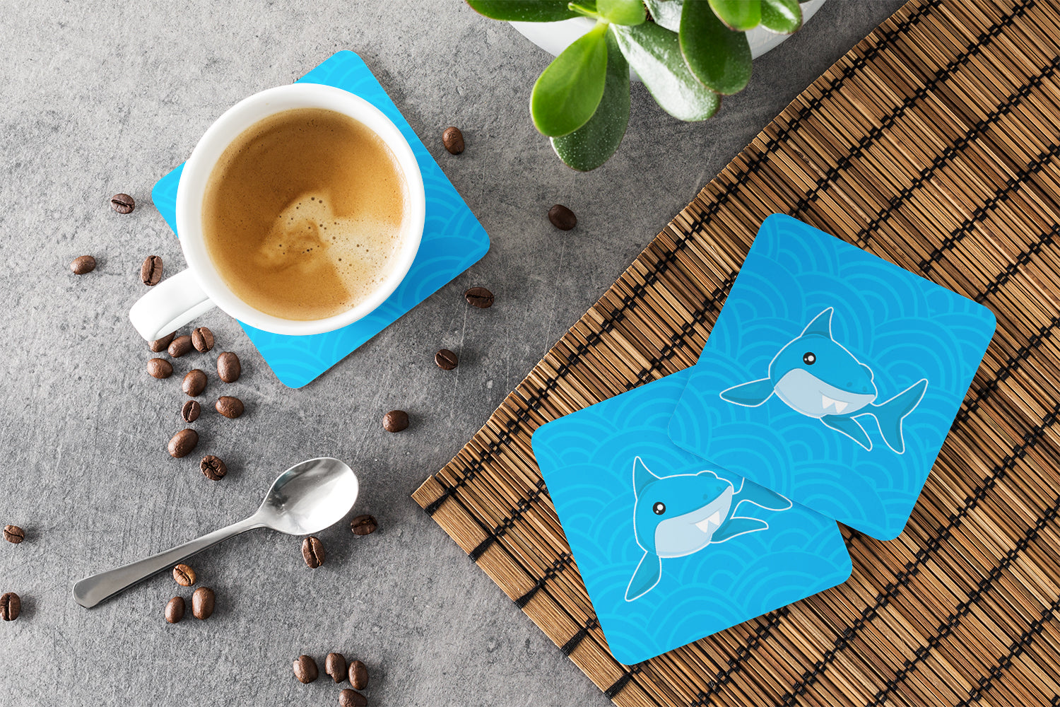 Shark with Waves Foam Coasters Set of 4 Cup Coasters for Indoor Outdoor, Tabletop Protection, Anti Slip, Mouse pad Material