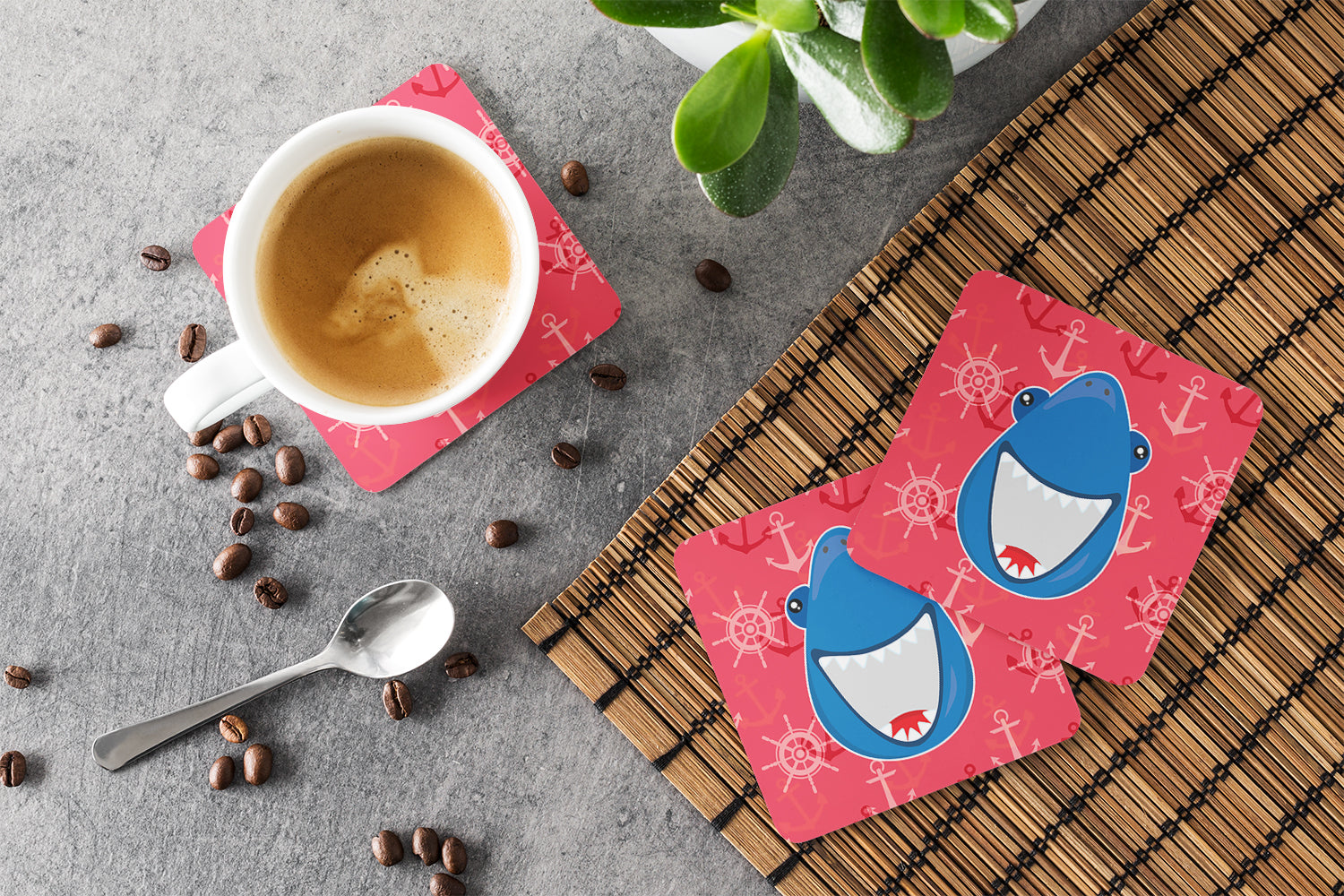 Shark Wide Open Foam Coasters Set of 4 Cup Coasters for Indoor Outdoor, Tabletop Protection, Anti Slip, Mouse pad Material