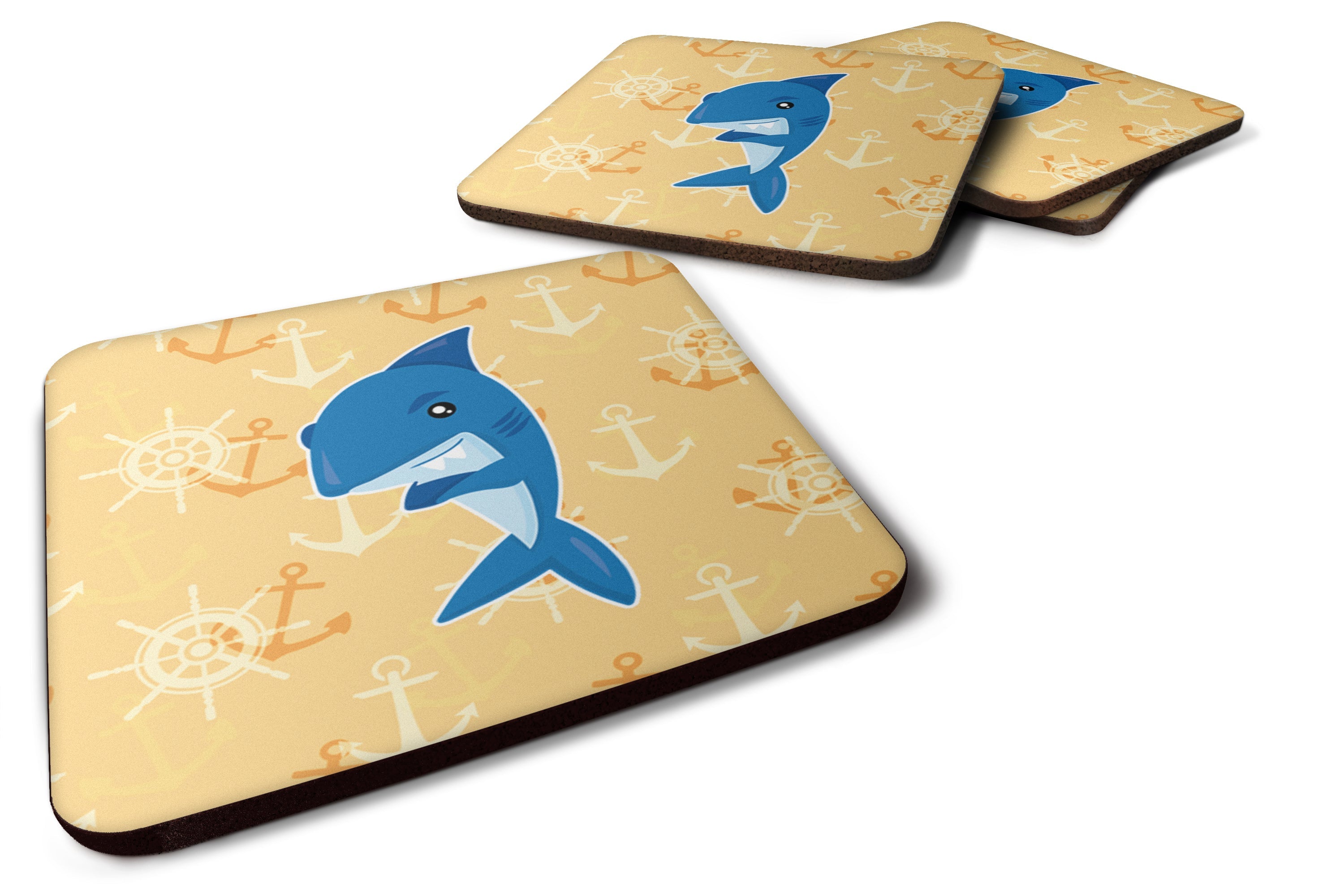 Shark on Beige Nautical Foam Coasters Set of 4 Cup Coasters for Indoor Outdoor, Tabletop Protection, Anti Slip, Mouse pad Material