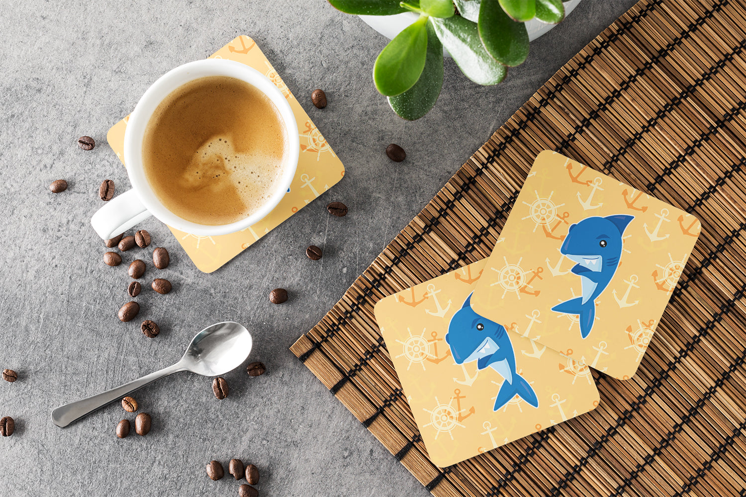 Shark on Beige Nautical Foam Coasters Set of 4 Cup Coasters for Indoor Outdoor, Tabletop Protection, Anti Slip, Mouse pad Material