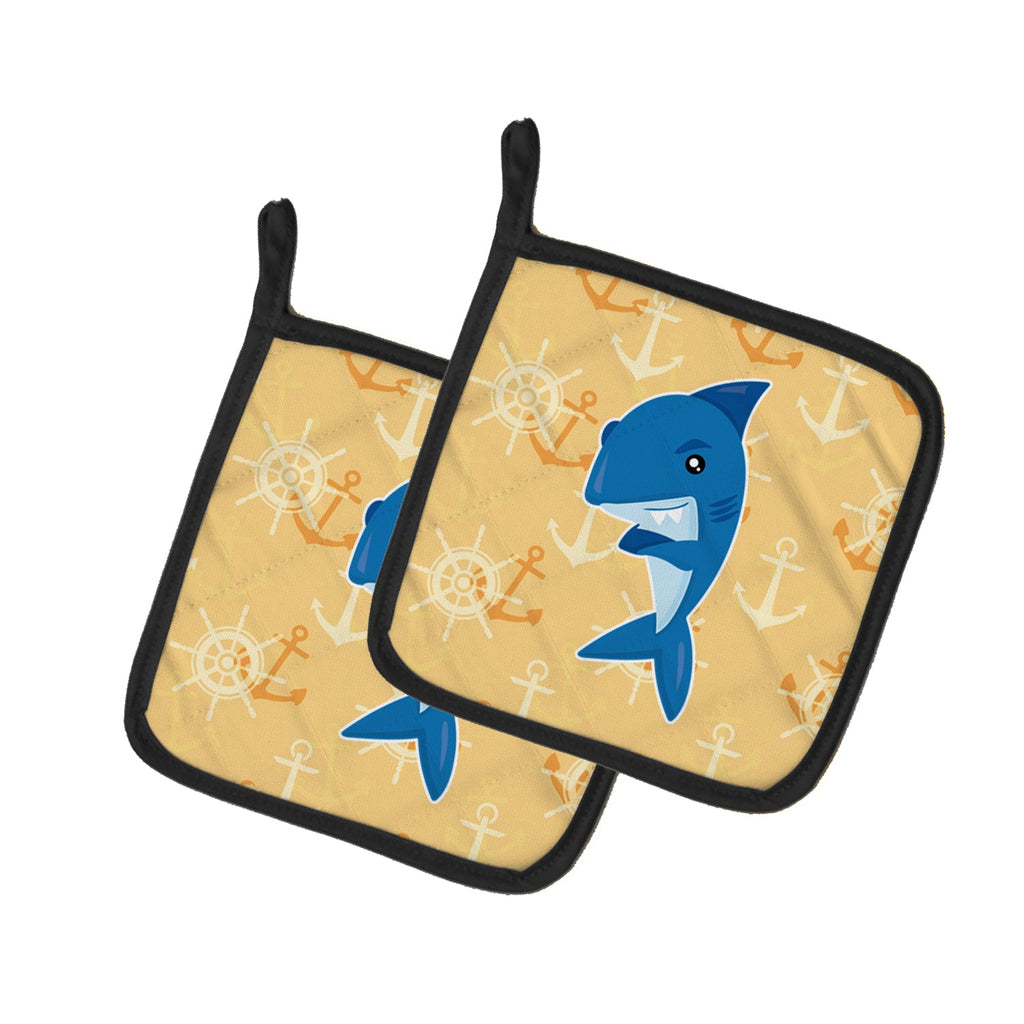 Shark on Beige Nautical Pot Holder Set of 2 Heat Resistant Quilted Hot Pads 7.5 x 7.5 Inch, Insulated Kitchen Trivets for Cooking & Baking