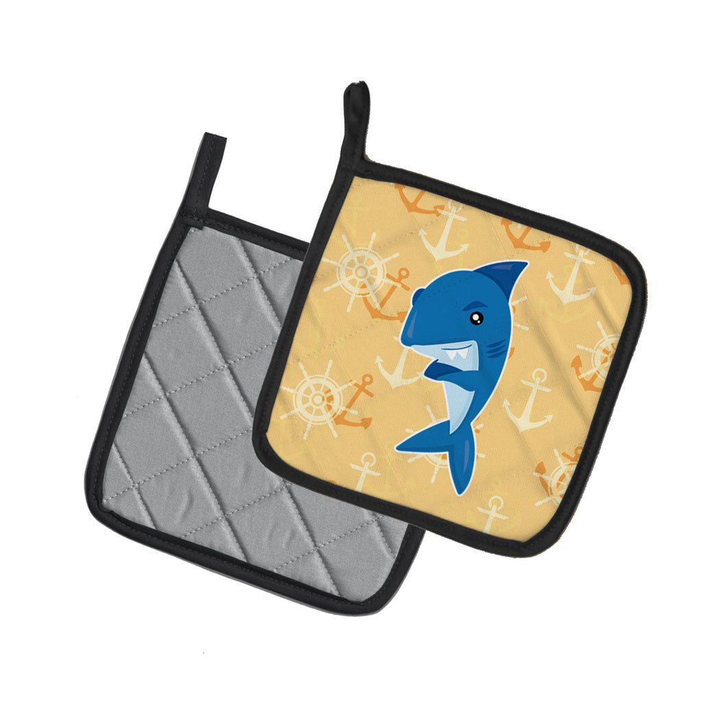 Shark on Beige Nautical Pot Holder Set of 2 Heat Resistant Quilted Hot Pads 7.5 x 7.5 Inch, Insulated Kitchen Trivets for Cooking & Baking