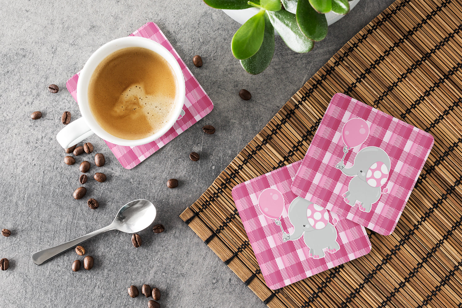 Elephant with Pink Balloon Foam Coasters Set of 4 Cup Coasters for Indoor Outdoor, Tabletop Protection, Anti Slip, Mouse pad Material
