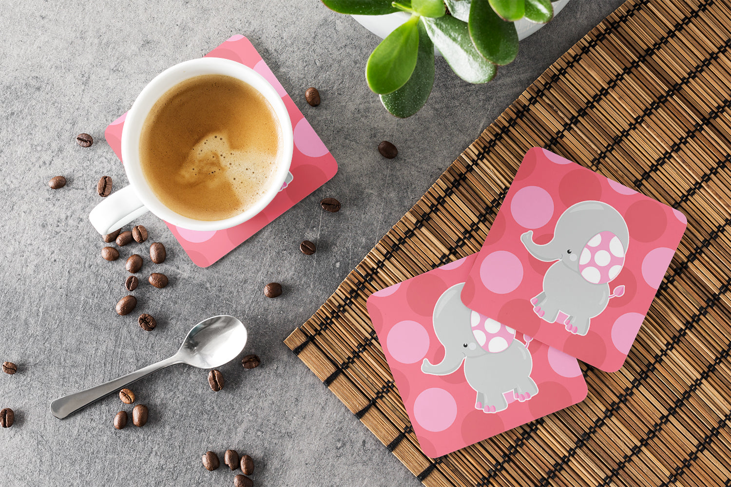 Elephant Big Polkadots Foam Coasters Set of 4 Cup Coasters for Indoor Outdoor, Tabletop Protection, Anti Slip, Mouse pad Material