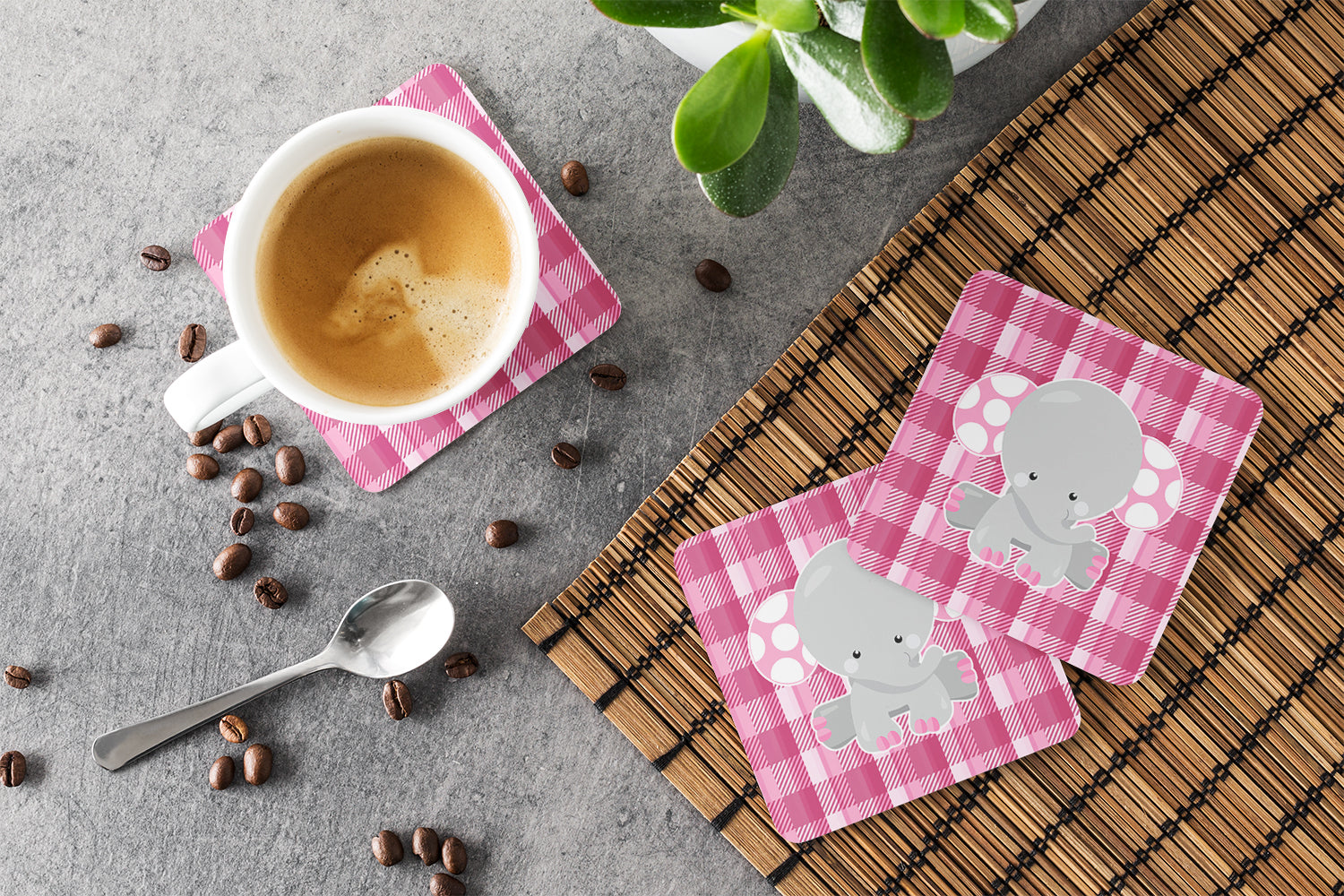 Elephant Pink Gingham Foam Coasters Set of 4 Cup Coasters for Indoor Outdoor, Tabletop Protection, Anti Slip, Mouse pad Material