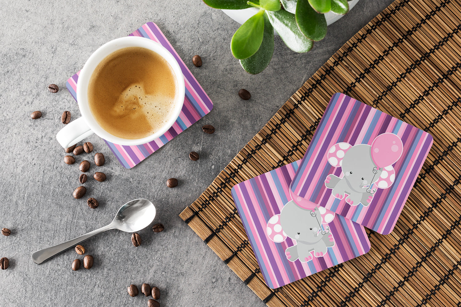 Elephant on Stripes Foam Coasters Set of 4 Cup Coasters for Indoor Outdoor, Tabletop Protection, Anti Slip, Mouse pad Material