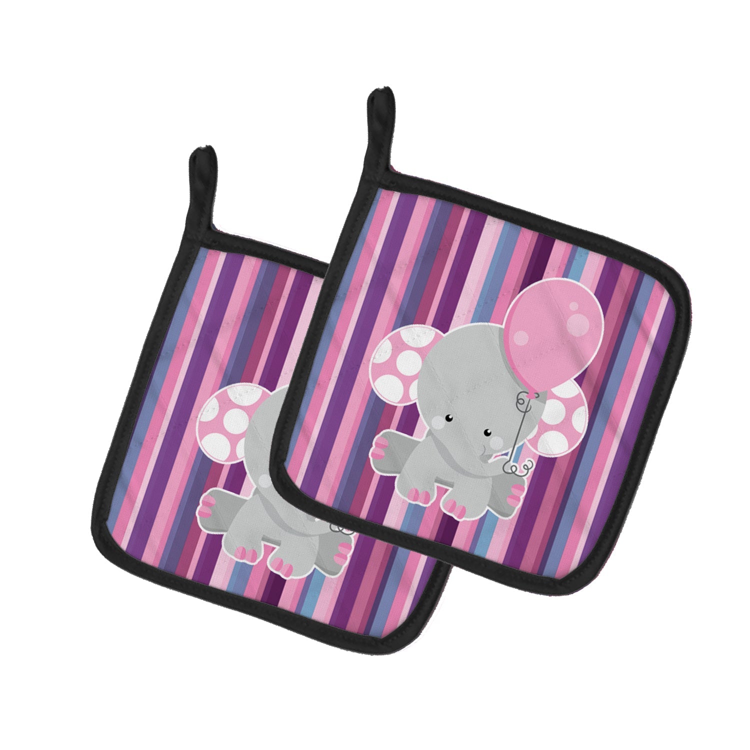 Elephant on Stripes Pot Holder Set of 2 Heat Resistant Quilted Hot Pads 7.5 x 7.5 Inch, Insulated Kitchen Trivets for Cooking & Baking