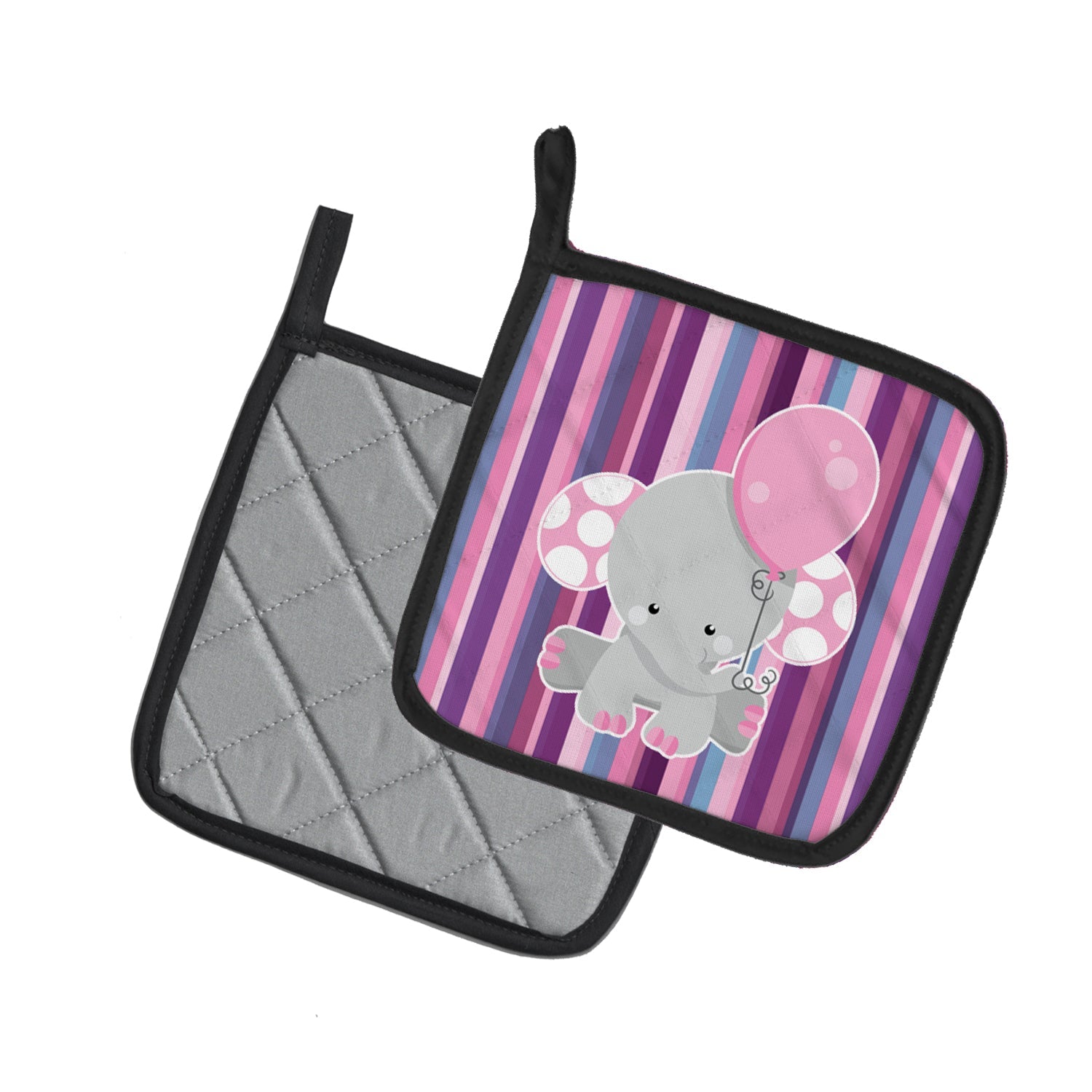Elephant on Stripes Pot Holder Set of 2 Heat Resistant Quilted Hot Pads 7.5 x 7.5 Inch, Insulated Kitchen Trivets for Cooking & Baking