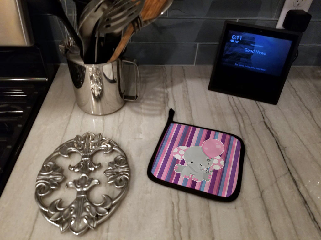 Elephant on Stripes Pot Holder Set of 2 Heat Resistant Quilted Hot Pads 7.5 x 7.5 Inch, Insulated Kitchen Trivets for Cooking & Baking