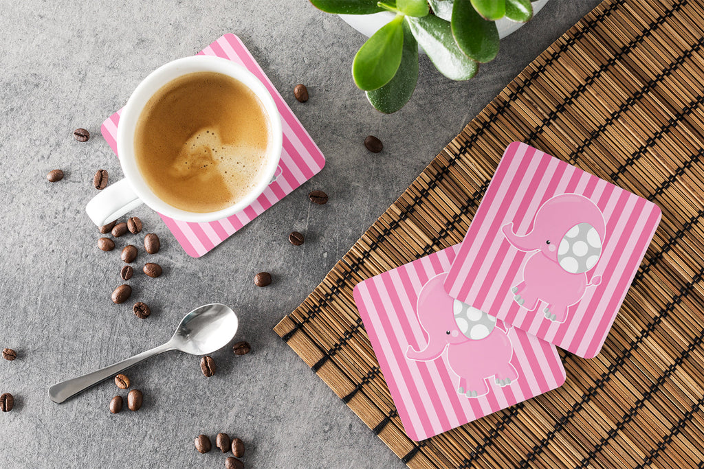 Elephant on Pink Stripes Foam Coasters Set of 4 Cup Coasters for Indoor Outdoor, Tabletop Protection, Anti Slip, Mouse pad Material