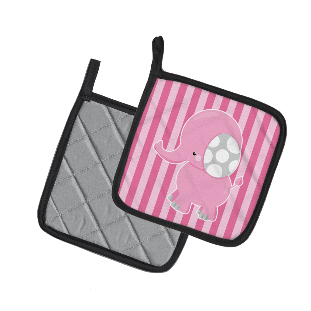 Elephant on Pink Stripes Pot Holder Set of 2 Heat Resistant Quilted Hot Pads 7.5 x 7.5 Inch, Insulated Kitchen Trivets for Cooking & Baking