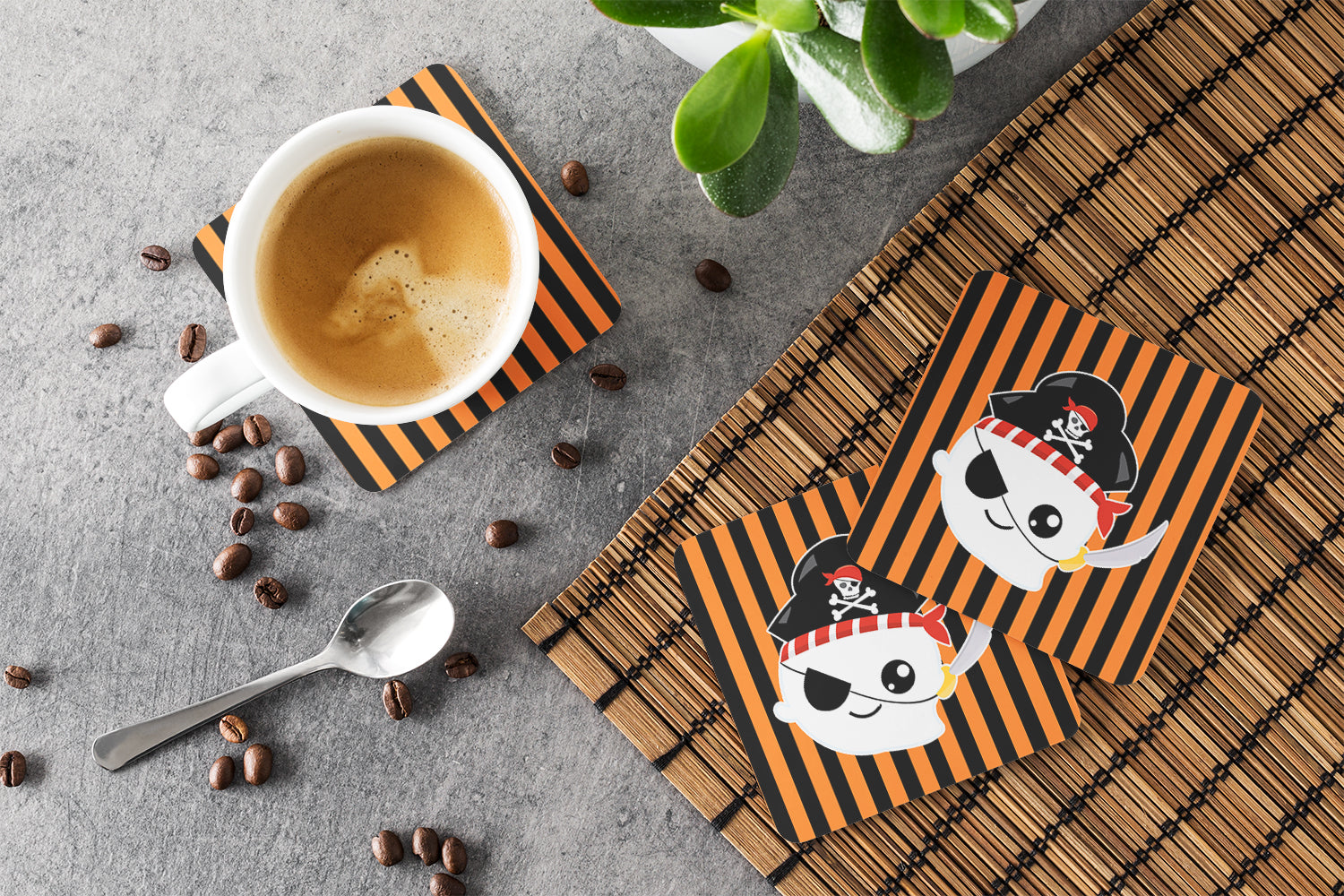 Halloween Ghost Pirate Foam Coasters Set of 4 Cup Coasters for Indoor Outdoor, Tabletop Protection, Anti Slip, Mouse pad Material