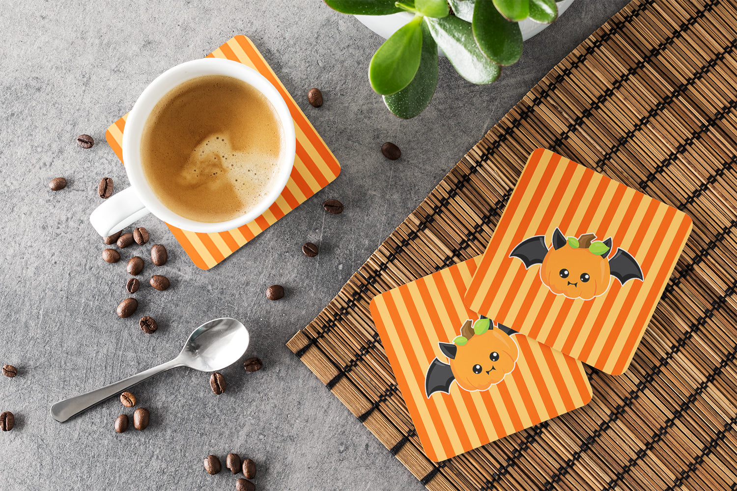 Halloween Pumpkin Bat Foam Coasters Set of 4 Cup Coasters for Indoor Outdoor, Tabletop Protection, Anti Slip, Mouse pad Material