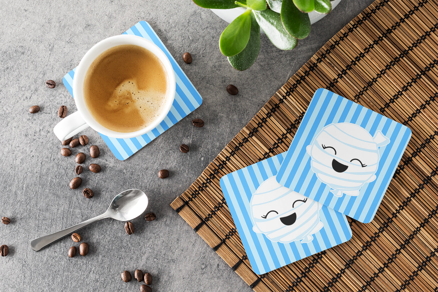 Halloween Ghost Mummy Foam Coasters Set of 4 Cup Coasters for Indoor Outdoor, Tabletop Protection, Anti Slip, Mouse pad Material