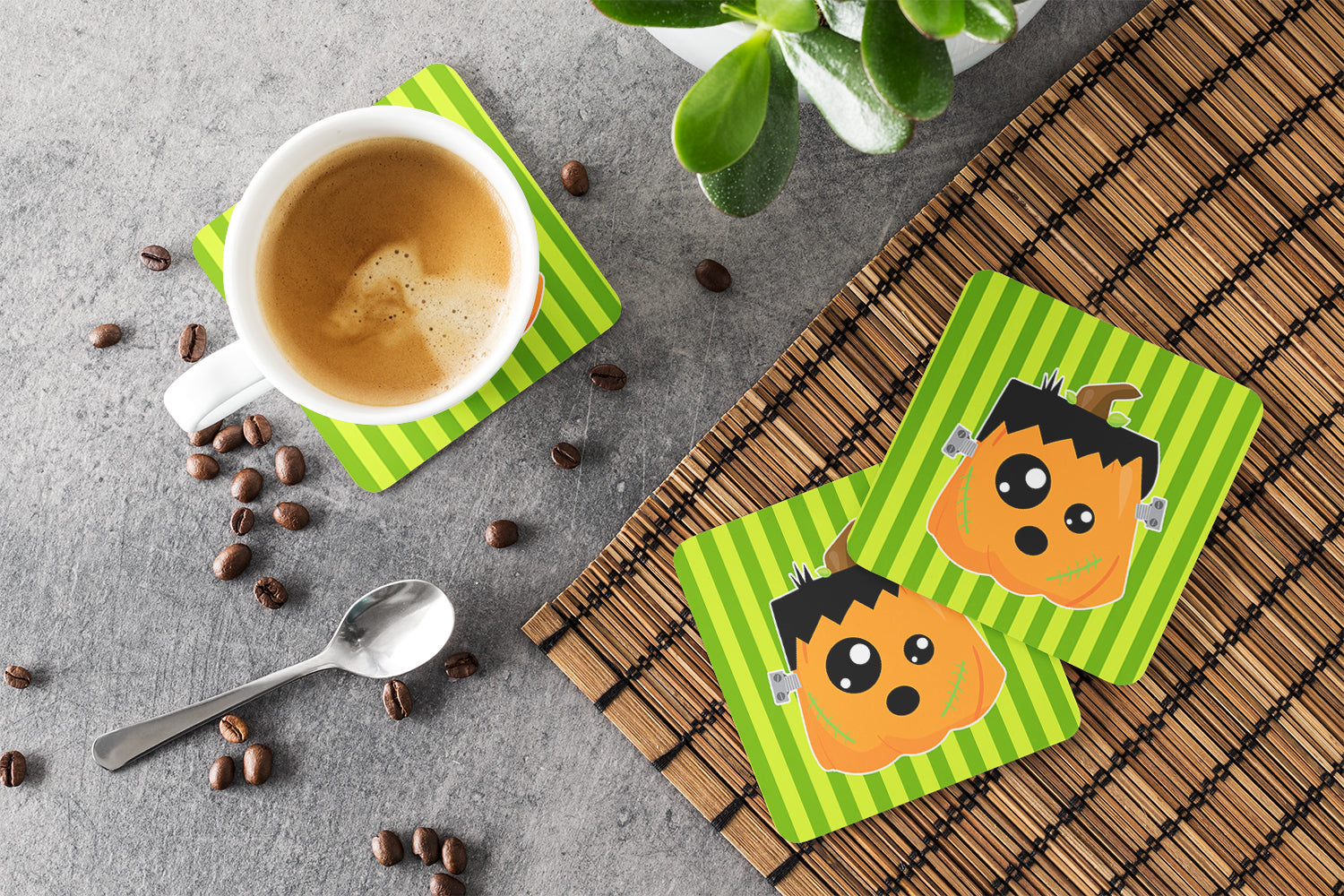 Halloween Pumpkin Frankenstein Foam Coasters Set of 4 Cup Coasters for Indoor Outdoor, Tabletop Protection, Anti Slip, Mouse pad Material