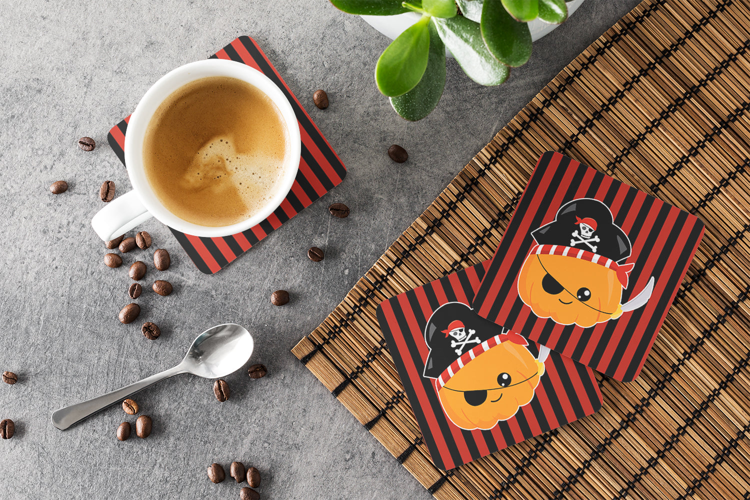 Halloween Pumpkin Pirate Foam Coasters Set of 4 Cup Coasters for Indoor Outdoor, Tabletop Protection, Anti Slip, Mouse pad Material
