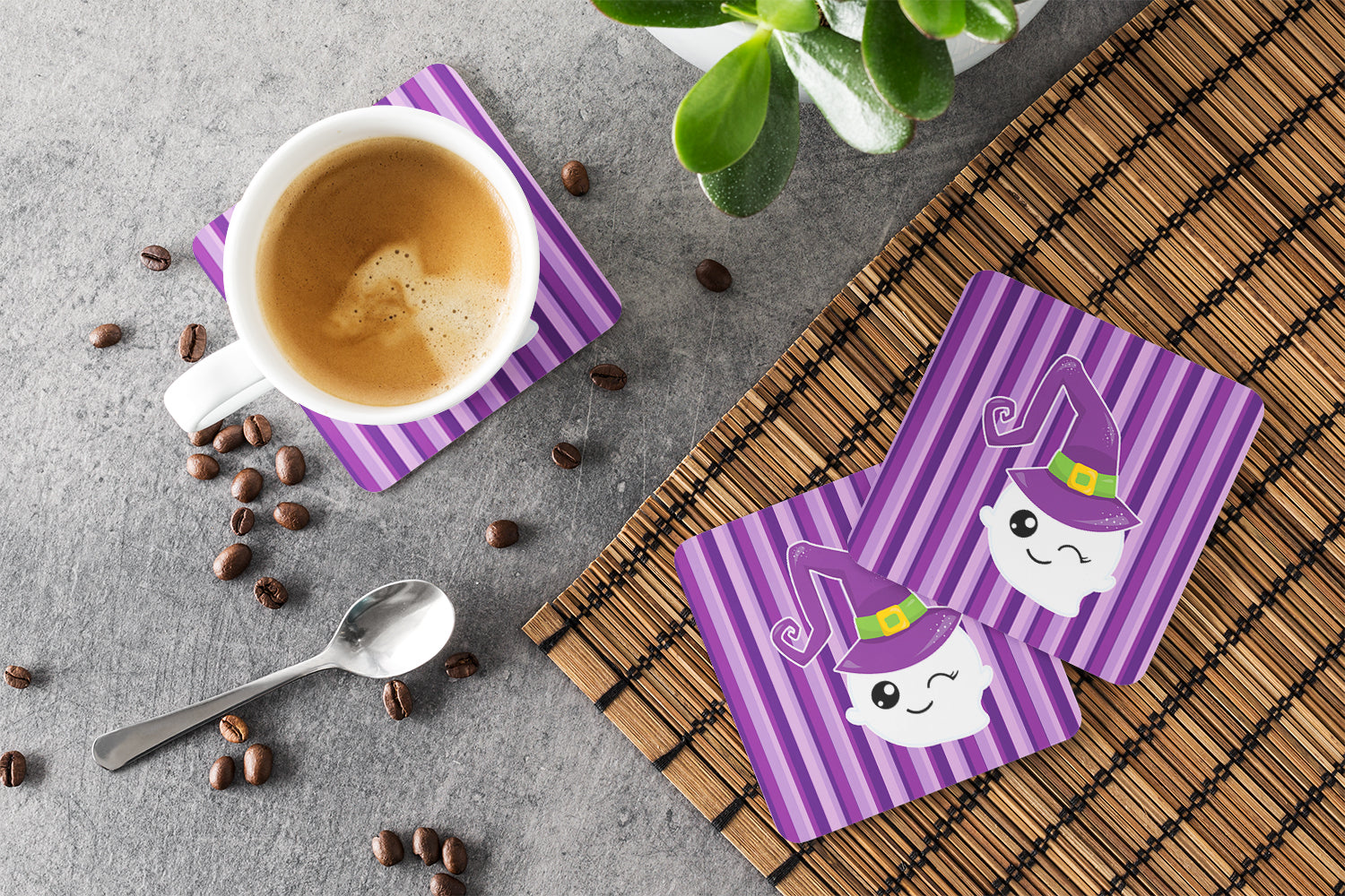 Halloween Ghost Witch Foam Coasters Set of 4 Cup Coasters for Indoor Outdoor, Tabletop Protection, Anti Slip, Mouse pad Material