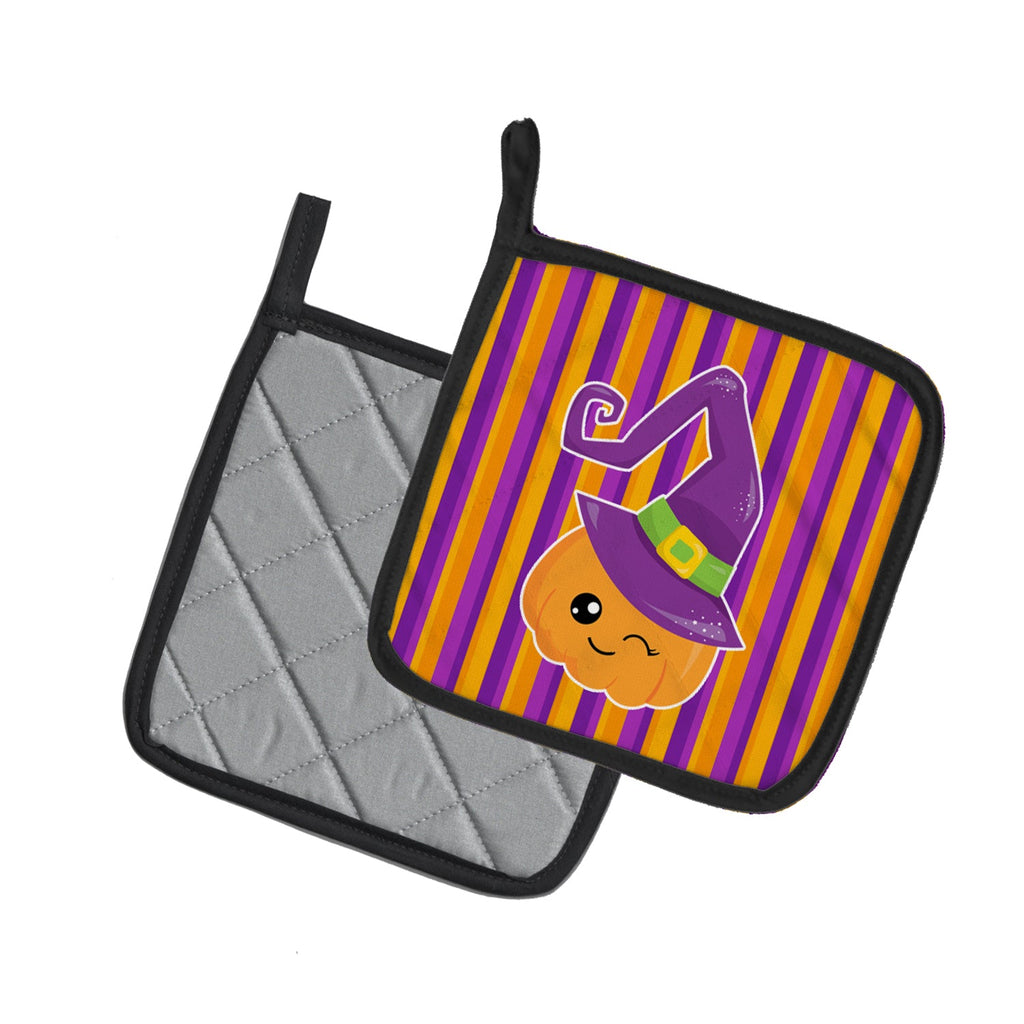 Halloween Pumpkin Witch Pot Holder Set of 2 Heat Resistant Quilted Hot Pads 7.5 x 7.5 Inch, Insulated Kitchen Trivets for Cooking & Baking
