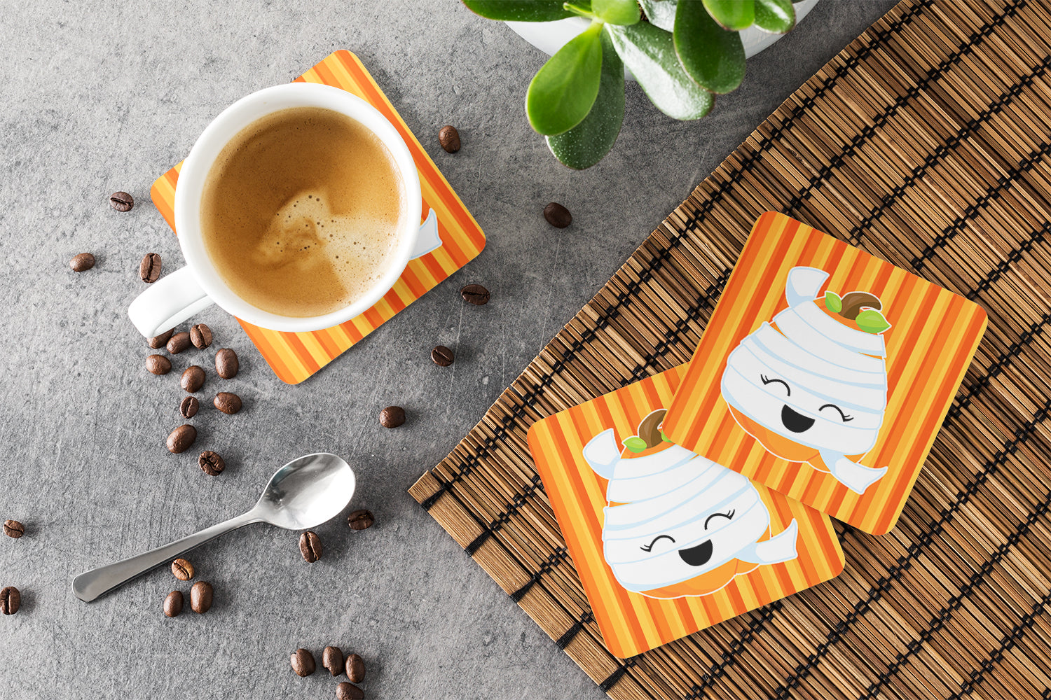 Halloween Pumpkin Mummy Foam Coasters Set of 4 Cup Coasters for Indoor Outdoor, Tabletop Protection, Anti Slip, Mouse pad Material