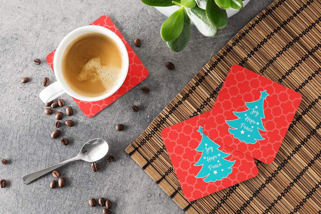Christmas Tree Red Teal Foam Coasters Set of 4 Cup Coasters for Indoor Outdoor, Tabletop Protection, Anti Slip, Mouse pad Material