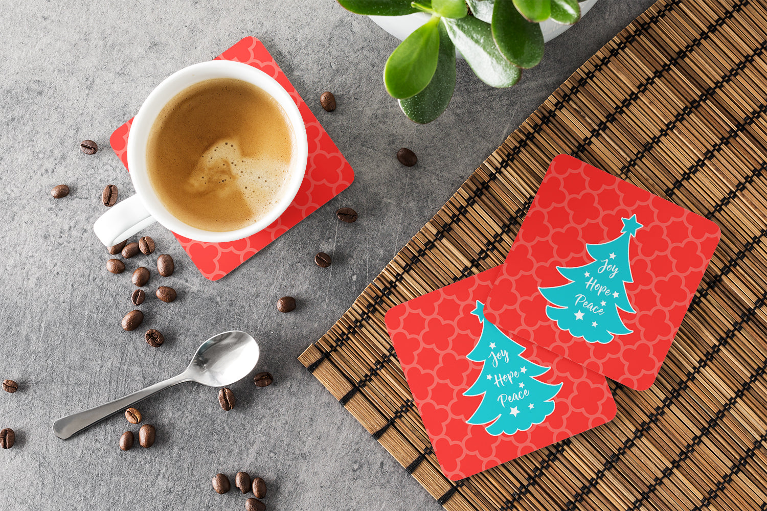 Christmas Tree Red Teal Foam Coasters Set of 4 Cup Coasters for Indoor Outdoor, Tabletop Protection, Anti Slip, Mouse pad Material