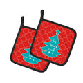 Christmas Tree Red Teal Pot Holder Set of 2 Heat Resistant Quilted Hot Pads 7.5 x 7.5 Inch, Insulated Kitchen Trivets for Cooking & Baking