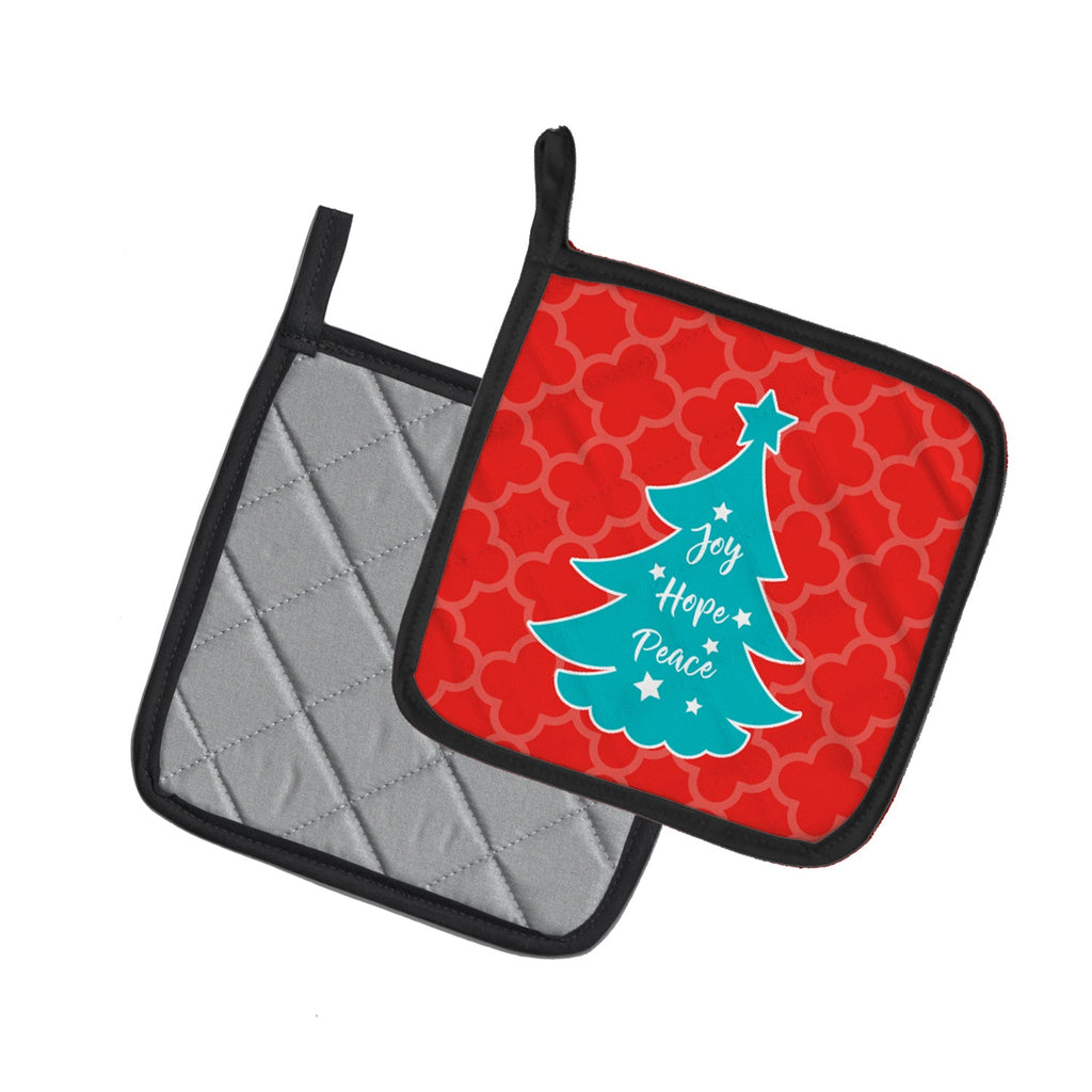 Christmas Tree Red Teal Pot Holder Set of 2 Heat Resistant Quilted Hot Pads 7.5 x 7.5 Inch, Insulated Kitchen Trivets for Cooking & Baking