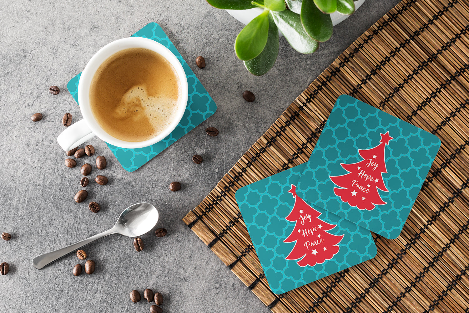 Christmas Tree Teal Red Foam Coasters Set of 4 Cup Coasters for Indoor Outdoor, Tabletop Protection, Anti Slip, Mouse pad Material