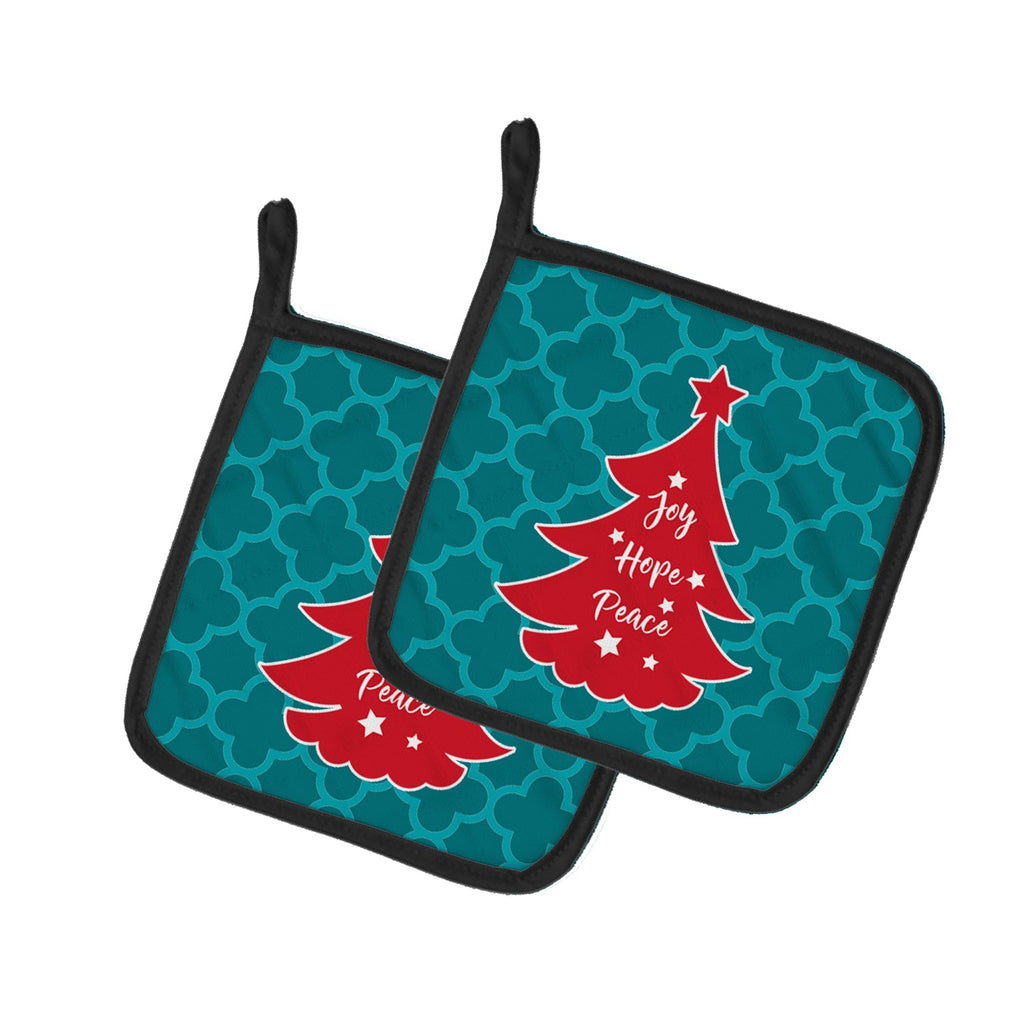 Christmas Tree Teal Red Pot Holder Set of 2 Heat Resistant Quilted Hot Pads 7.5 x 7.5 Inch, Insulated Kitchen Trivets for Cooking & Baking