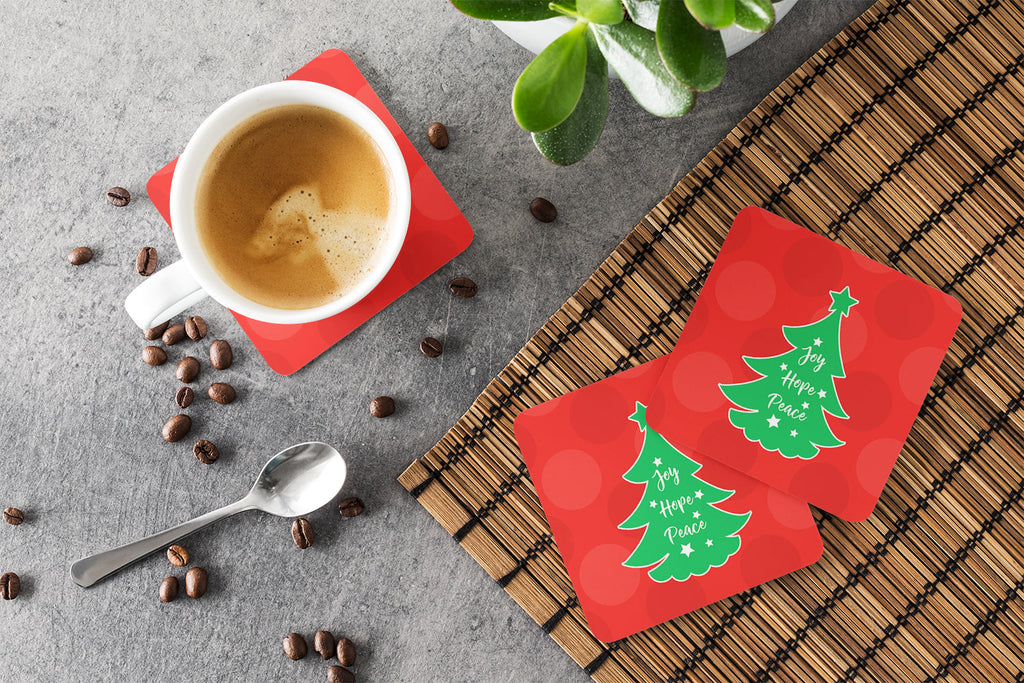 Christmas Tree Red Green Foam Coasters Set of 4 Cup Coasters for Indoor Outdoor, Tabletop Protection, Anti Slip, Mouse pad Material