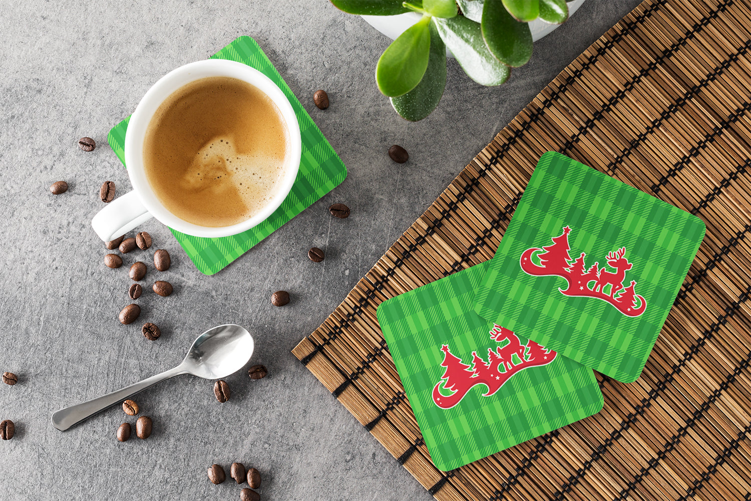 Christmas Tree Reindeer Green Foam Coasters Set of 4 Cup Coasters for Indoor Outdoor, Tabletop Protection, Anti Slip, Mouse pad Material