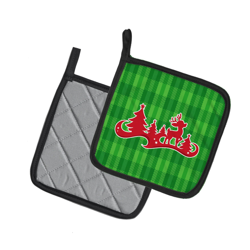 Christmas Tree Reindeer Green Pot Holder Set of 2 Heat Resistant Quilted Hot Pads 7.5 x 7.5 Inch, Insulated Kitchen Trivets for Cooking & Baking