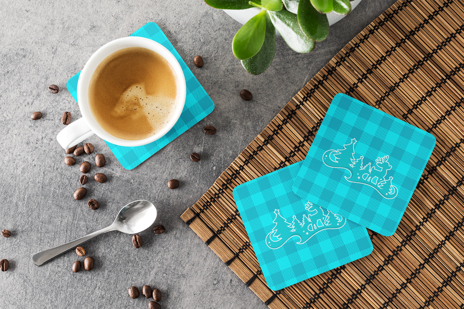 Christmas Tree Reindeer Blue Foam Coasters Set of 4 Cup Coasters for Indoor Outdoor, Tabletop Protection, Anti Slip, Mouse pad Material