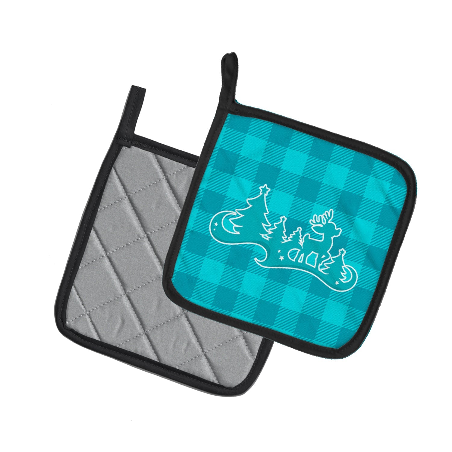Christmas Tree Reindeer Blue Pot Holder Set of 2 Heat Resistant Quilted Hot Pads 7.5 x 7.5 Inch, Insulated Kitchen Trivets for Cooking & Baking