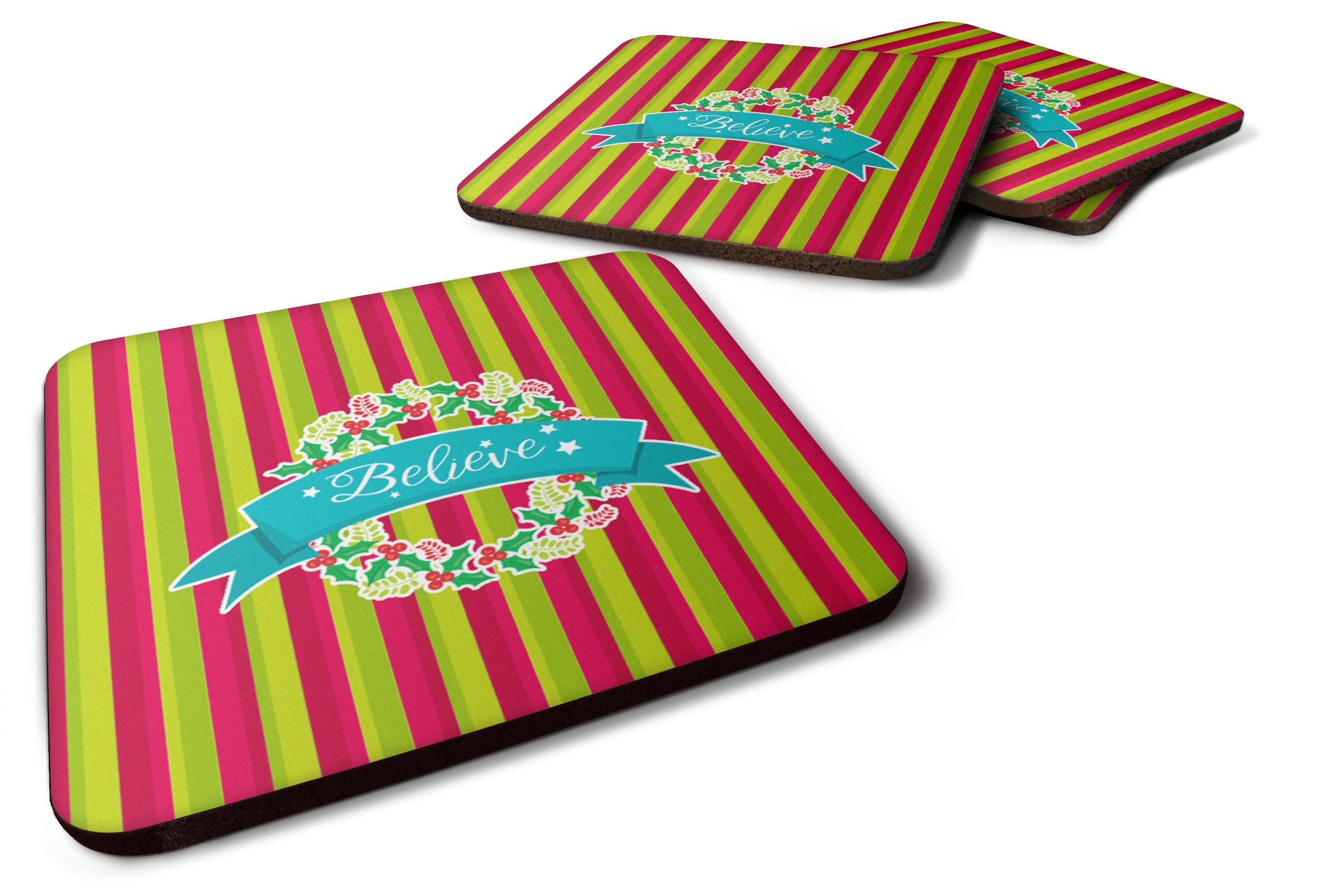 Christmas Wreath Believe Foam Coasters Set of 4 Cup Coasters for Indoor Outdoor, Tabletop Protection, Anti Slip, Mouse pad Material