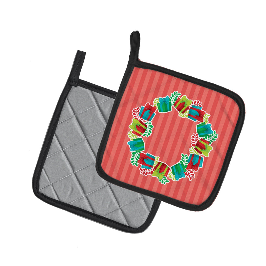 Christmas Wreath Presents Pot Holder Set of 2 Heat Resistant Quilted Hot Pads 7.5 x 7.5 Inch, Insulated Kitchen Trivets for Cooking & Baking
