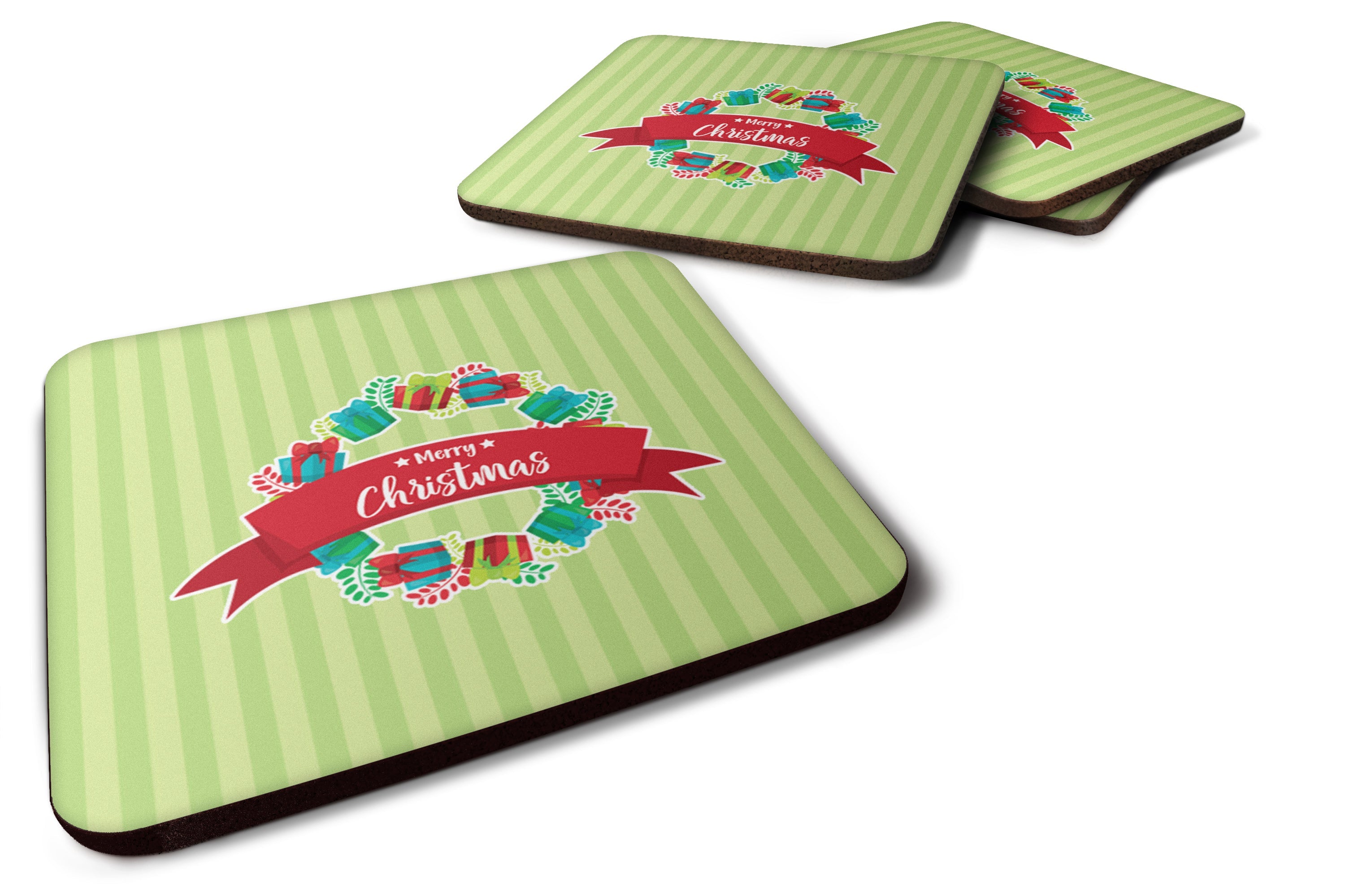 Christmas Wreath Presents Green Foam Coasters Set of 4 Cup Coasters for Indoor Outdoor, Tabletop Protection, Anti Slip, Mouse pad Material