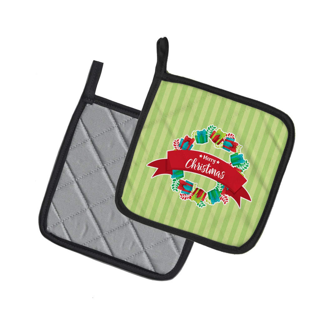 Christmas Wreath Presents Green Pot Holder Set of 2 Heat Resistant Quilted Hot Pads 7.5 x 7.5 Inch, Insulated Kitchen Trivets for Cooking & Baking