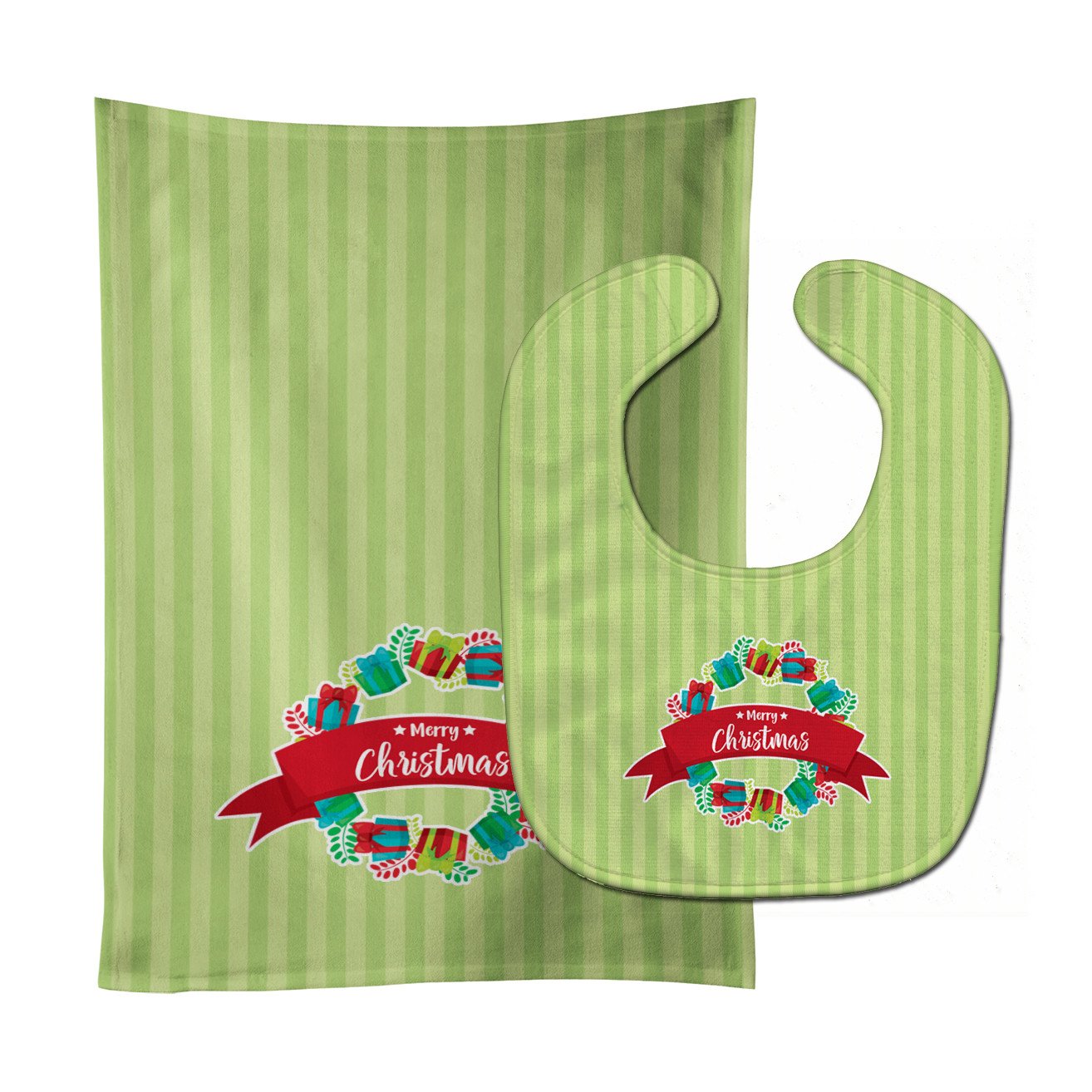 Christmas Wreath Presents Green Baby Bib & Burp Cloth Easy-Clean Baby Bib Baby Feeding Accessory Baby Mealtime Essential