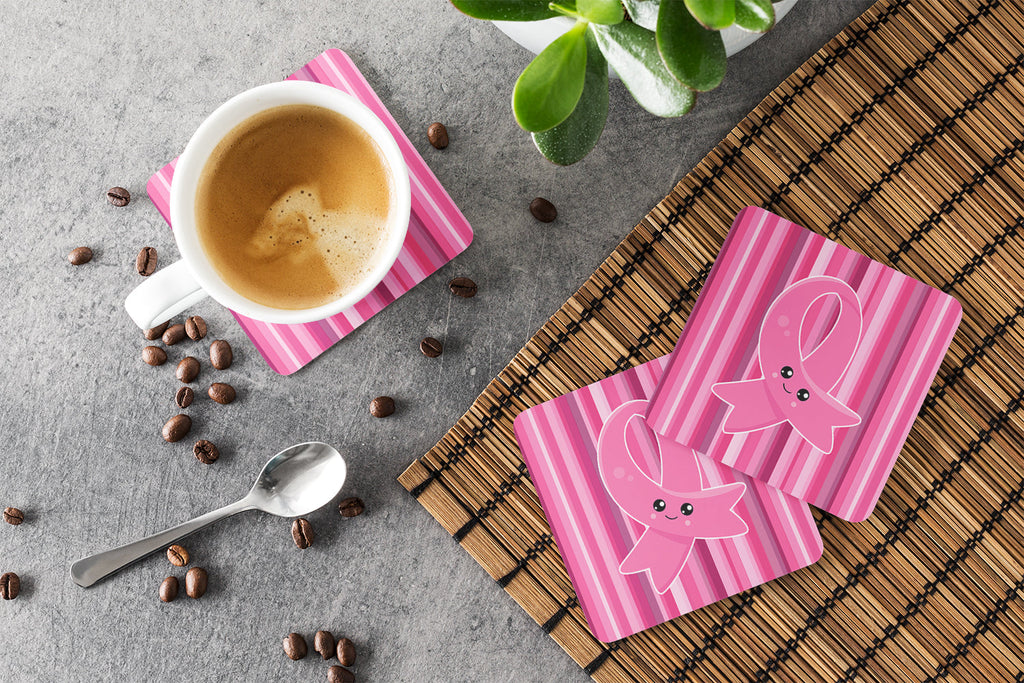 Breast Cancer Awareness Ribbon Face Foam Coasters Set of 4 Cup Coasters for Indoor Outdoor, Tabletop Protection, Anti Slip, Mouse pad Material