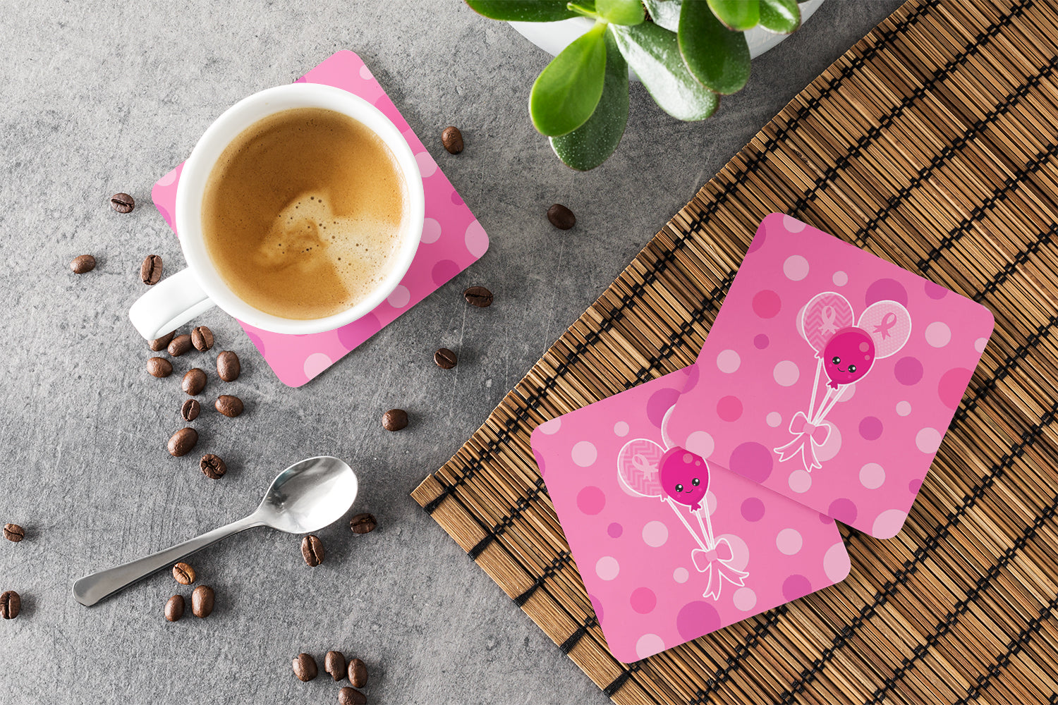 Breast Cancer Awareness Ribbon Balloons Foam Coasters Set of 4 Cup Coasters for Indoor Outdoor, Tabletop Protection, Anti Slip, Mouse pad Material